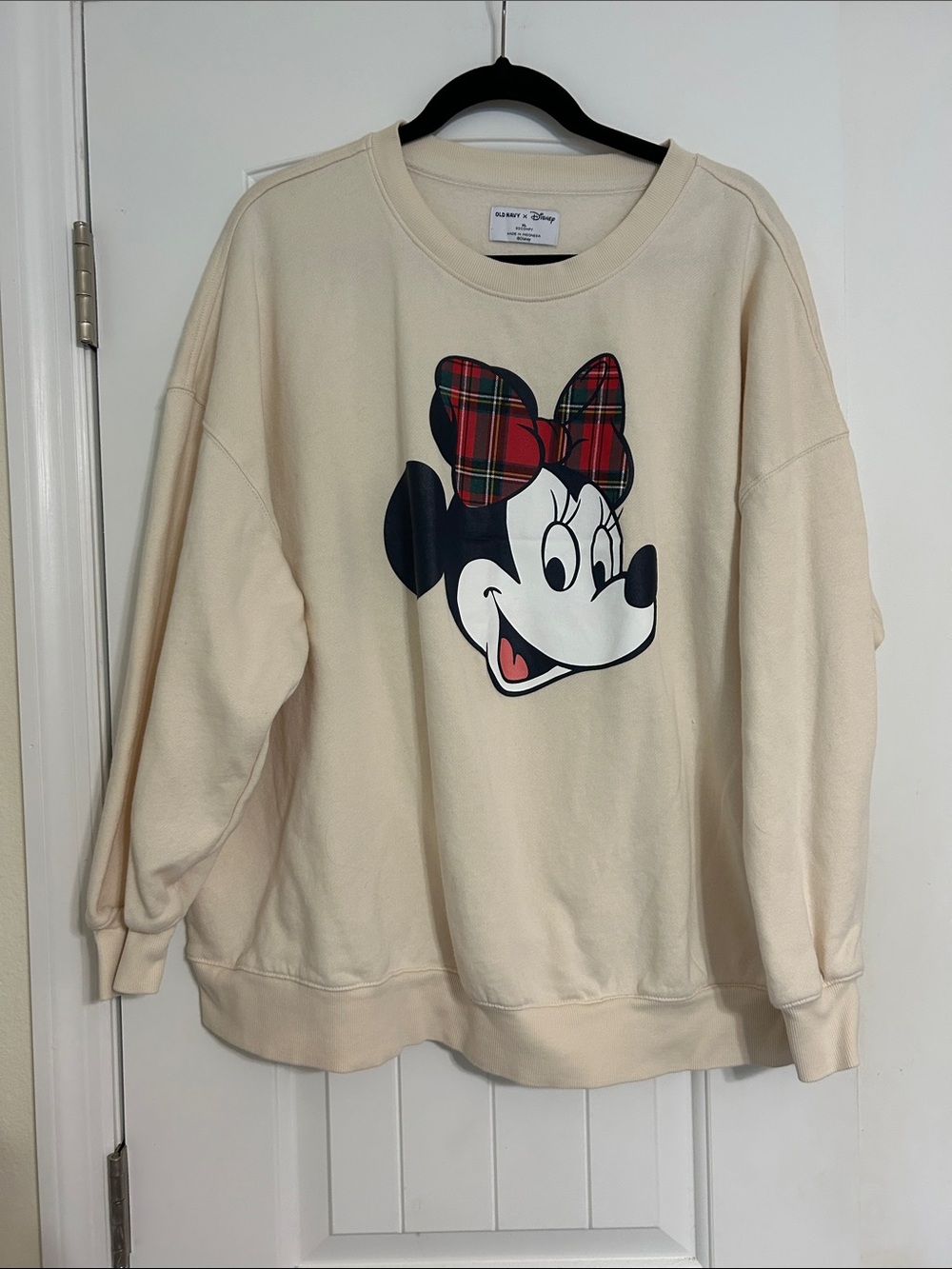 Old Navy Cream Crewneck Sweatshirt with Minnie Plaid Bow Graphic